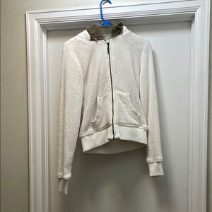 White Textured Teddy Jacket with Zip Closure